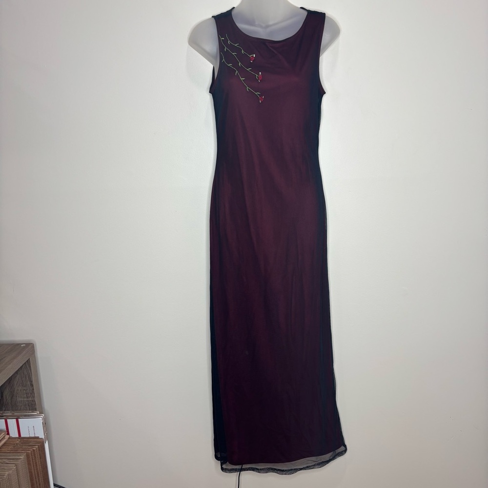 Rampage Y2K 90s whimsygoth vampy Burgundy Maxi Dress floral Embroidery small